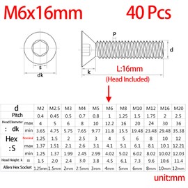 M6-1.0 x 16mm Flat Head Socket Cap Screws Bolts, Stainless Steel 18-8 (304), Bright Finish, Allen Socket Drive,Machine Screws Inner Hex Screw Fasteners Bolts 40 Pcs
