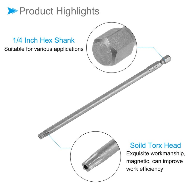 CoCud T30 Torx Head Screwdriver Bit, 6" Long 1/4 Inch