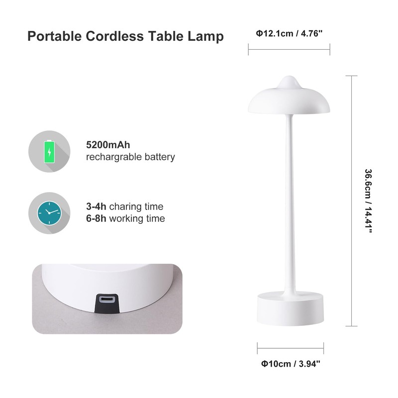 DAWALIGHT White Battery Operated Table Lamp, Cordless Rechargeable LED Desk