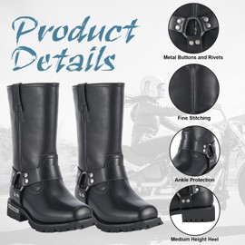 RiderVibe Motorcycle Boots for Women Black Mid Calf Motorcycle Riding Boots Waterproof PU Leather Boots for Riding and Daily (Szie 9)