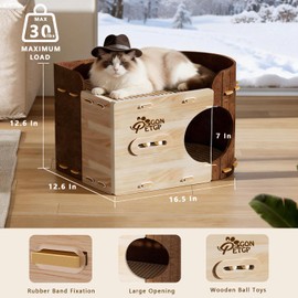 GONPETGP Cat Beds for Indoor Cats, Cat House Cave with Wooden Play Ball Scratch Pad, Detachable Felt Cat Condo Hideaway for Multiple Small Pets and Kittens