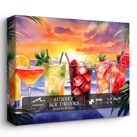 Summer Beach Puzzles for Adults 1000 Pieces, PICKFORU Colorful Seaside Holiday Jigsaw Puzzles Sunset Scene, Impossible Challenging Rainbow Drinks Theme as Home Decor