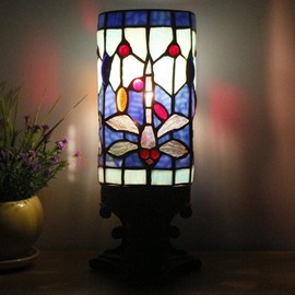 Small Tiffany Table Lamp Blue Dragonfly Style Mini Stained Glass Desk Lamp Memory Sympathy Table Lamp with Cylindrical Shade 4X10 Inch