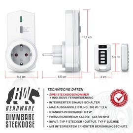 CSL Dimmable Radio Sockets Set with Remote Control Set of 2 for Indoor Use + 1 Remote Control LED Status Display Integrated Touch Protection IP20