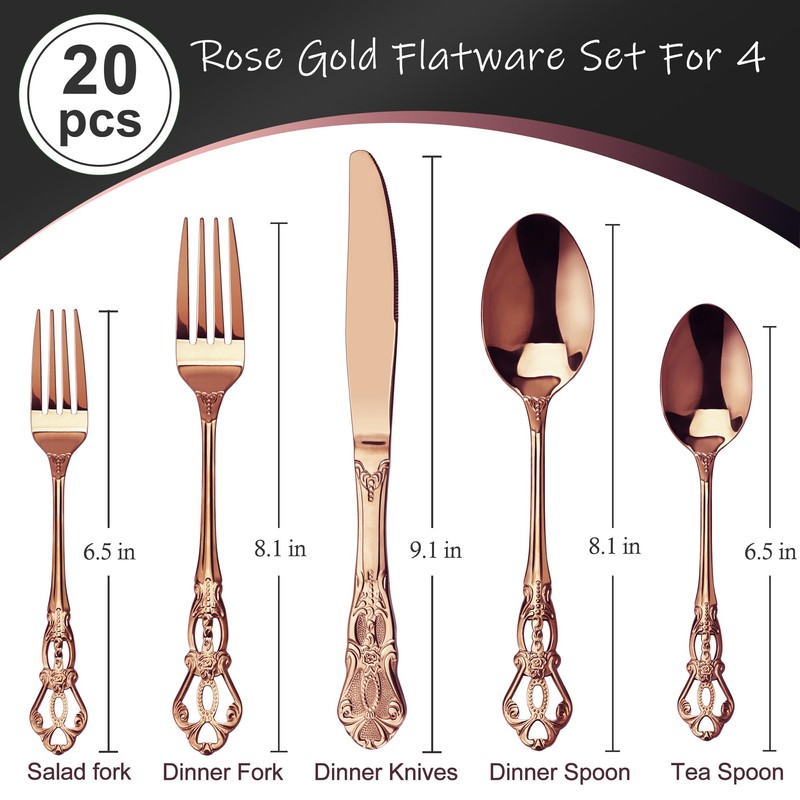 Runfly Gorgeous Retro Royal Rose Gold/Copper Stainless Steel 20 Pieces