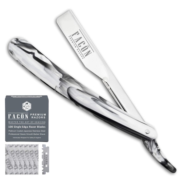 100 BLADES + Facón Professional Marble Straight Edge Barber Razor - Salon Quality Cut Throat Shavette
