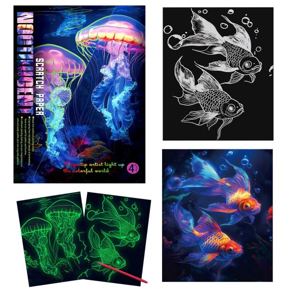 KSIWRE Scratch Art for Adults & Teens4 Sheets Glow in