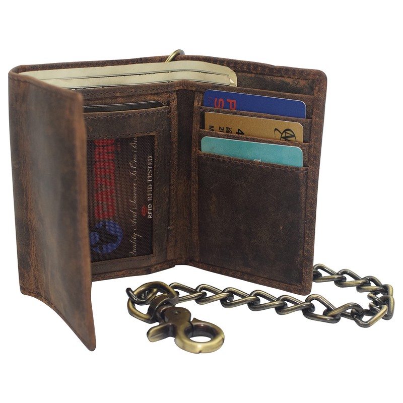 Men's RFID Blocking Trifold Vintage Leather Biker Chain Wallet With