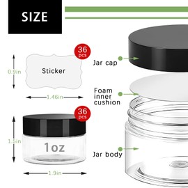 Slomg 36 Pack 1 oz Small Plastic Jars with Lids and Labels, Round Clear Mini Empty Cosmetic Containers, Reusable Leakproof Airtight Jars for Lotion Slime Cream Makeup Ointment Sample Travel Storage