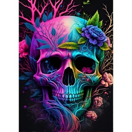 QINRUBB DIY Skull Diamond Painting Adults, 5D Skeleton Diamond Painting Pictures Beginners, Round Flowers Full Drill Diamond Painting Embroidery Cross Stitch Gifts Home Wall Decor 30 x 40 cm