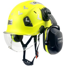 SAFEBUILDER Hard Hat with Visor Ear Muffs Safety Helmet Lightweight Adjustable Vented Work Helmet 6-Point Suspension ANSI Z89.1 Approved Construction Head Protection (LGreen+Clear Visor+B&G 07E)