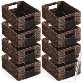 Nitial 8 Pcs 12 x 9 x 5 Inch Wicker Storage Basket, Rectangular Water Hyacinth Storage Baskets for Shelving, Foldable Woven Pantry Organizer with Chalkboard Label and Chalk Marker (Dark Brown)