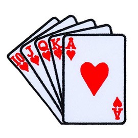 Graphic Dust Hearts Royal Straight Flush Card Embroidered Iron On Patch Applique Poker Casino Gambling Red Las Vegas Ace Club Lucky Jack Queen King Ace Card