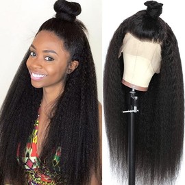 30 Inch Kinky Straight 13X4 Lace Front Wigs Human Hair for Black Women, Glueless Kinky Straight Human Hair Wig Pre Plucked HairLine with Baby Hair,150% Density Yaki Straight Lace Wigs Natural Black Color