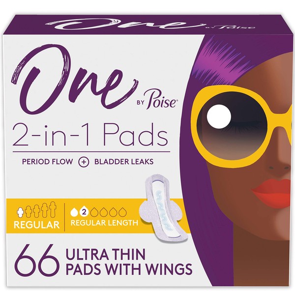 One by Poise Feminine Pads with Wings (2-in-1 Period & Bladder Leakage Pads for Women), Regular, Regular Absorbency for Period Flow, Very Light Absorbency for Bladder Leaks, 66 Count (3 Packs of 22)
