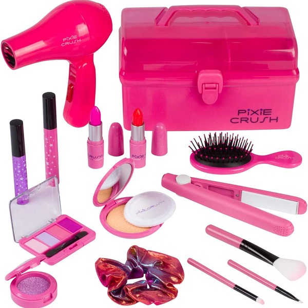 PixieCrush Kids Makeup Kit for Girls | with Pretend Hair Dryer and Flat Iron | Play Hair Styling Kit for Kids & Little Girls | Ages 3, 4, 5, 6, 7, 8, 9, 10 | Comes in a Pink Carrying Case