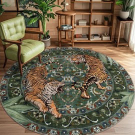 Geanlod Tiger Round Area Rugs for Living Room 6ft, Boho Green Animal Print Bedroom Circle Rugs Non Slip, Washable Botanical Jungle Floor Carpet for Dining Room Entryway Nursery Playroom Office Spring