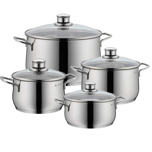 WMF Pot Set 4-Piece Diadem Plus Pouring Rim Glass Lid Cromargan Stainless Steel Polished Suitable for Induction Hobs Dishwasher-Safe