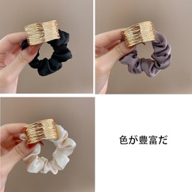 LeTradeJP Scrunchie Silk Hair Rubber Set of 3 Adults, Metal Plate, Silk Rubber, Stylish, Volume, Women's, Anti-Static, Hair Ornament, Mature Gift