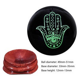 KYEYGWO Obsidian Crystal Ball Decoration with Carved Hamsa Hand of Fatima Pattern, Round Stone Ball Figure with Wooden Stand, Healing Stone Sphere Ornament Gemstone Fortune Telling Ball, Green
