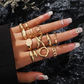 Uwiyo 12PCS Gold Chunky Rings for Women, Stackable Knuckle Rings Boho Stacking Thick Open Rings Adjustable Thumb Ring Finger Mid Ring Jewelry Gifts for Women Teen Girls (Golde Set 2)