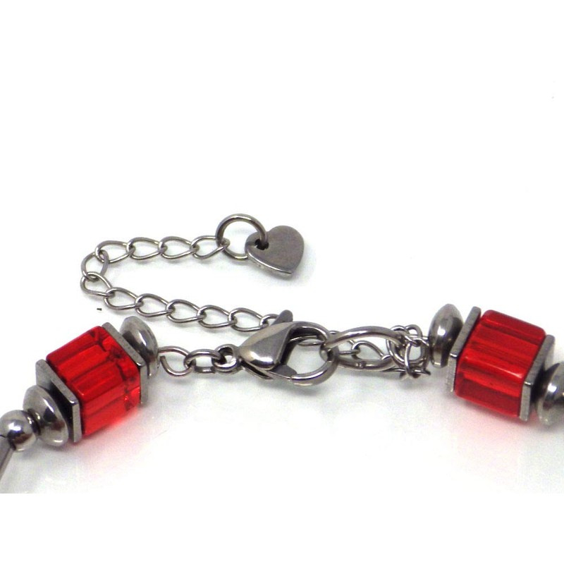 Damenarmband aus Edelstahl mit roten Glasperlen