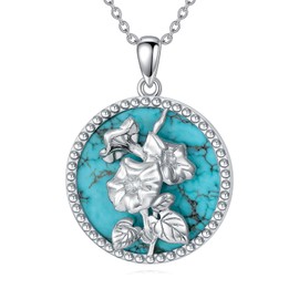 Reaii Natural Turquoise Morning Glory Necklace for Women 925 Sterling Silver September Birth Flower Pendant with Genuine Turquoise Jewelry Gifts