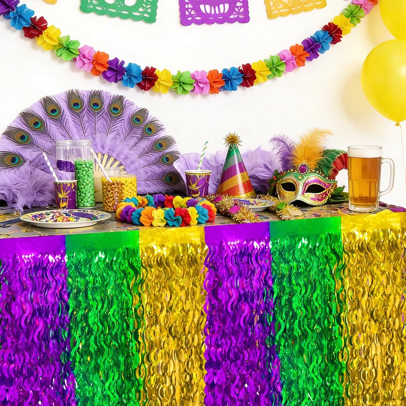QLINLEAF 2 Pack Mardi Gras Table Skirt Purple Green Gold