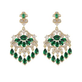 18K Gold Crystal Long Tassel Chandelier Earrings for Women, Cubic Zircon Green Crystal Drop Dangle Earrings, Vintage Style Drop Dangle Statement Earrings