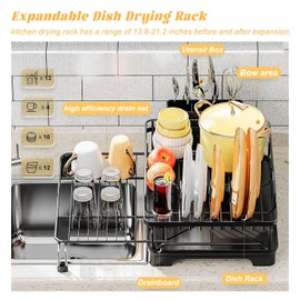 Dish Drying Rack, Expandable Dish Drying Rack for Kitchen Counter, Adjustable Dish Drain Rack with Drainboard and Outlet, Rustproof Sink Storage Storage with Cutlery & Cup Holders (black)
