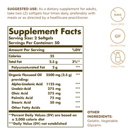 Solgar Flaxseed Oil 1250 mg - 100 Softgels - Concentrated Plant Source of Omega-3 Alpha-Linoleic Acid (ALA) - Non-GMO, Gluten Free - 50 Servings