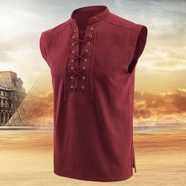 Men's Cotton Linen Tank Top Shirt Pirate Renaissance Costume Sleeveless Lace Up Vest Medieval Gothic Viking Tee Tunic (L, Red)