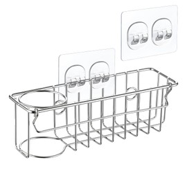 3-In-1 Sponge Holder for Kitchen Sink, with Detachable Rod for Hanging Cloths, Kitchen Sink Caddy Organizer Rack, Dish Cloths, Sponge, Brush, Scrubber, Soap Tray, 304 Stainless Steel