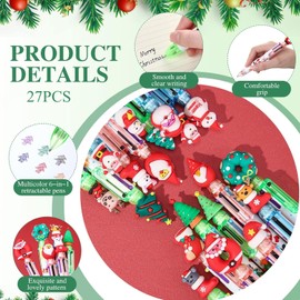 LATERN Pack of 27 Christmas Ballpoint Pens, 6-in-1 Multicoloured Retractable Shuttle Pen, 16 cm, Christmas Tree, Snowman, Reindeer, Santa Claus, Rollerball Pen for Stocking Filler Party Gifts (27