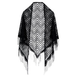 Piriuuo Triangle Lace Stole, Women's Triangle Lace Scarves and Wraps Festive for Evening Dresses with Tassels Cape Lace Scarf Cape Scarf for Evening Party Mesh Wedding Scarves, black