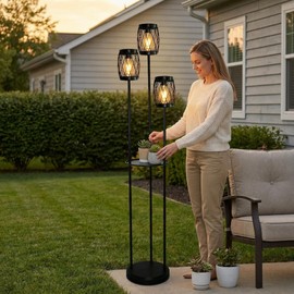 FQIIL 3-Head Metal Outdoor Solar Floor Lamp,Industrial Atmosphere Patio Standing Floor LED Lights with Plant Shelf for Garden, Deck, Yard, Porch & Indoor Use
