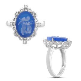 Jewelili Blue Agate Angel Cameo Ring in Sterling Silver with Round Created White Sapphire Size 6, Sterling Silver, Blue Agate