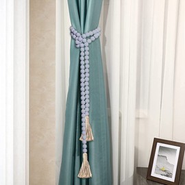 58 Inches String Garland Farmhouse Wooden Beads Rustic Boho Wood Beads Country Wall Hanging Decor Prayer Beads with Tassels(Grey)