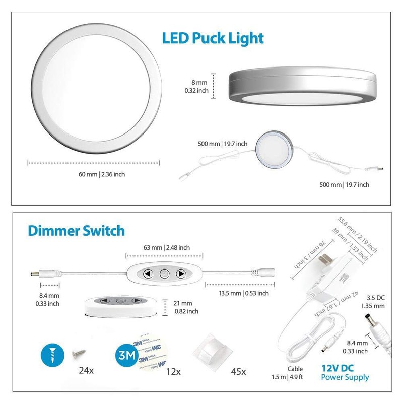 EShine Under Cabinet LED Puck Lights with Dimmer Switch, Dimmable,