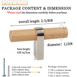 foxwake Wooden Drawer Pulls and Knobs 10pack Natural Wood and Metal Kitchen Cabinet Handles T Bar Pulls for Bedroom Dresser Drawers(Single Hole 2-3/8IN)