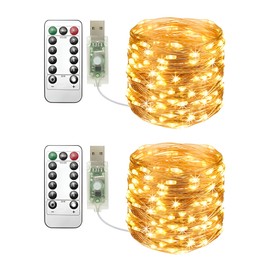 Clearhill USB Fairy Lights 2Pack,65.6ft/20M Warm 200LED USB Cooper Wire String Lights with Remote Control, 8 Modes, Timing & Dimmable for Christmas Bedroom Indoor Outdoor Decor