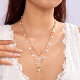 Atiptu Gold Seashell Necklaces for Women Layered Sea Shell Charm Necklaces Starfish Pendant Necklace Boho Layered Seashell Necklaces Surfer Beach Holiday Jewelry (White)