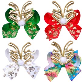 4 Pcs Christmas Hair Clips Big Bow Ribbon Hair Accessories Cute Reindeer Elk Hair Barrettes Holiday Headdress Hairpin for Girls Women Kids Xmas Party Cosplay Gift