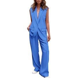 PRETTYGARDEN Women's Business Blazer Suit Sleeveless Vest and Palazzo Pants Work Office Two Piece Suits Sets (Blue,Small)