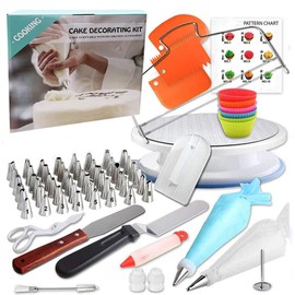 Fulfun 90 Pcs Cake Decorating Supplies kit with Cake Turntable-Cake leveler-48 Piping Tips with Pattern Chart -Straight & Offset Spatula-20 Icings Bags- 3 Icing Smoother Scraper Set for Beginner Cake-Lover