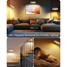 Battery Powered Wall Sconce Lights Set of Two: Gold Rechargeable Wall Lights with Remote, Wireless LED Wall Mounted Lights, 360° Rotation Magnetic Cordless Scone Lighting for Bedroom Living Room