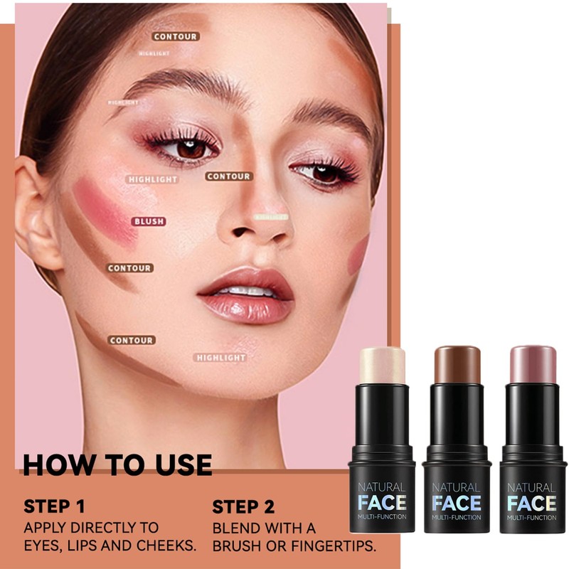 Pack of 3 Contour Highlighter Blush Sticks - Long Lasting