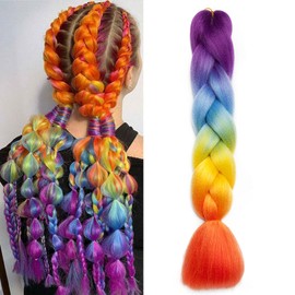 Two Tones Women 24inch Jumbo Braids Hair Afro Crochet Twist Braiding Bulk Hair Style 1 Bundle/100g Fiber Hair Extensions - Purple to Light Blue to Yellow to Orange