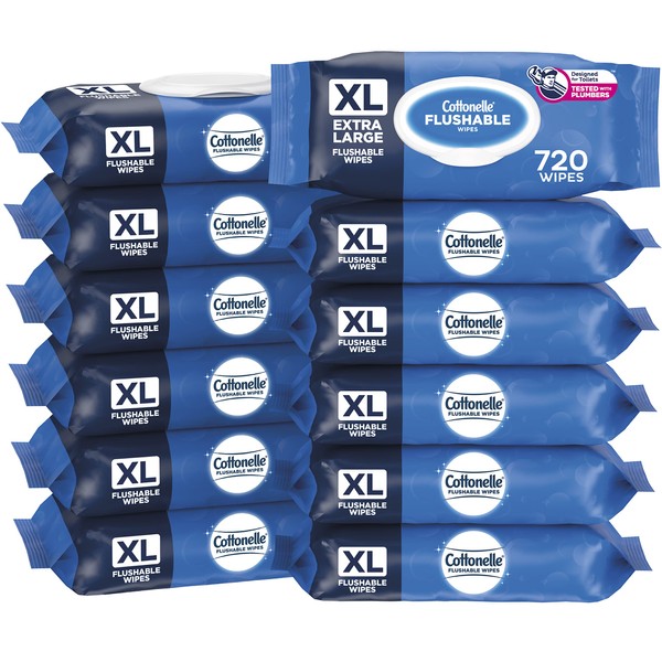 Cottonelle XL Flushable Wipes for Adults Extra Large FlipTop Packs, 60 Hypoallergenic Wipes per Pack, White, 720 Count, (Pack of 12)