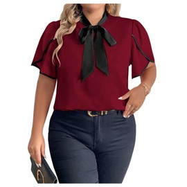 BEAUDRM Women's Plus Size Work Office Blouse Bow Tie Neck Petal Sleeve Business Casual Blouse Shirts Top Burgundy XX-Large Plus